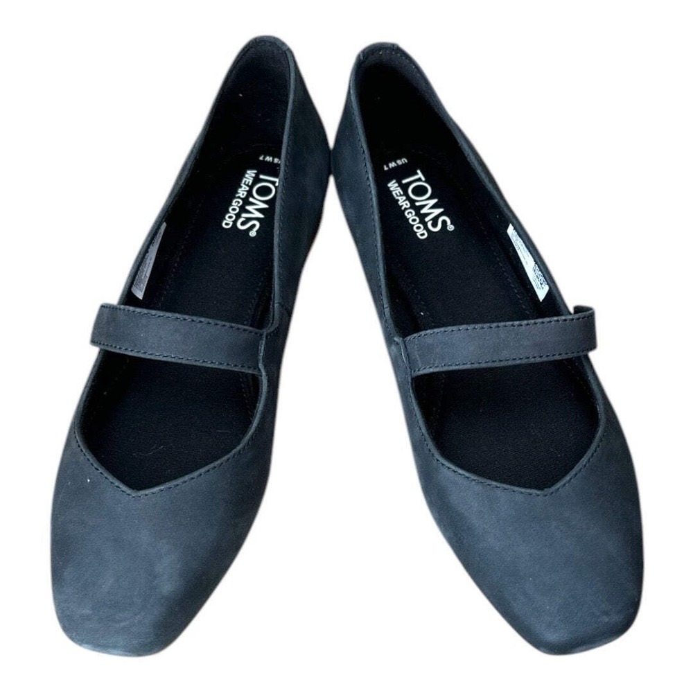 Toms Bianca Mary Jane Black Leather‎ Pointed Toe Flats 10021474 Womens 7 New